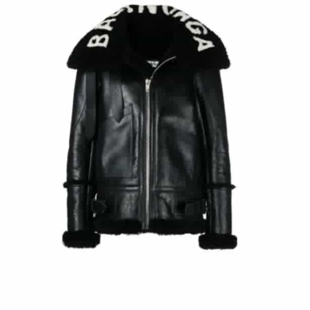 Balenciaga Black Leather Jacket with Shearling Collar
